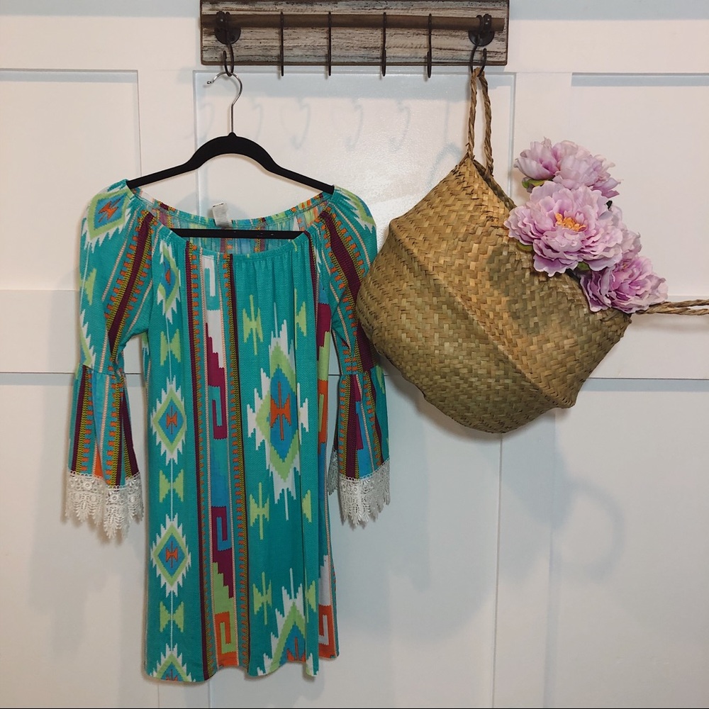 R. Rouge Turquoise Aztec Tribal Print Dress
